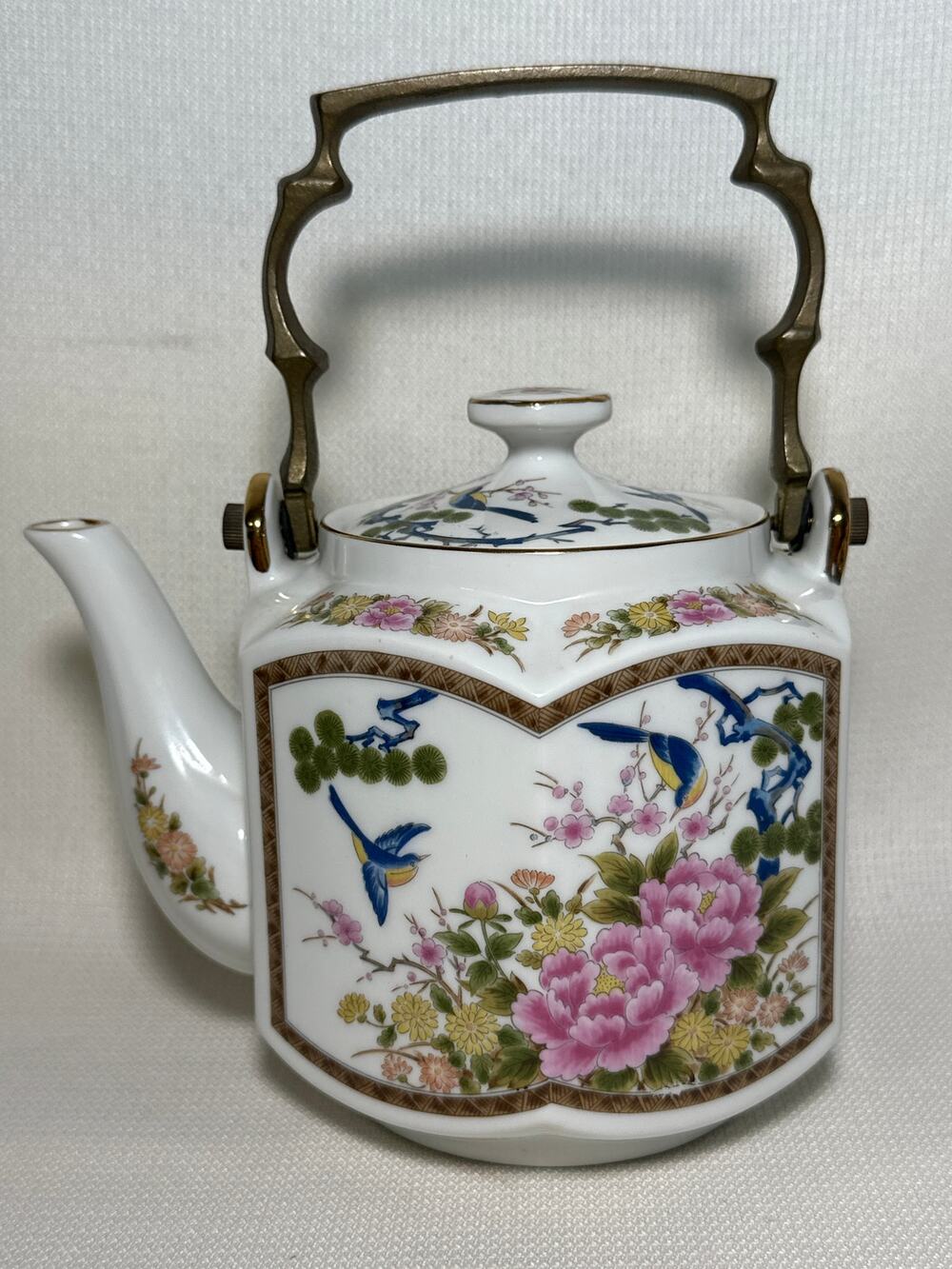 Homco Birds & Lotus Teapot Hexagon Japan Vintage 1980s